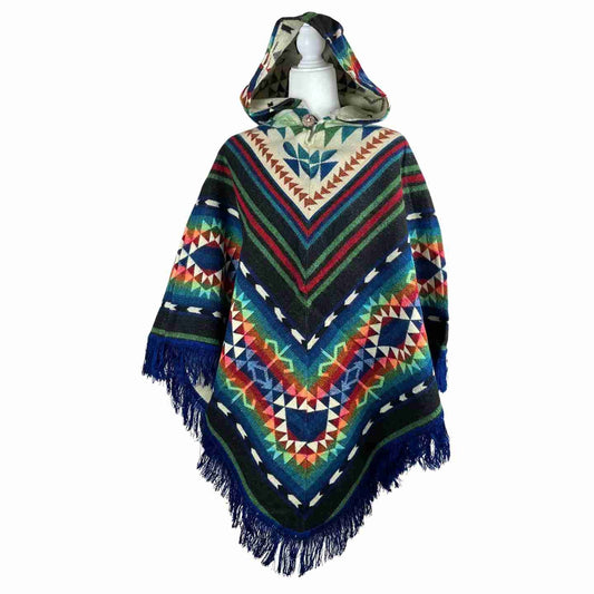Lightweight Wool Hooded V Style Poncho - Black Colorful with Blue Tassels