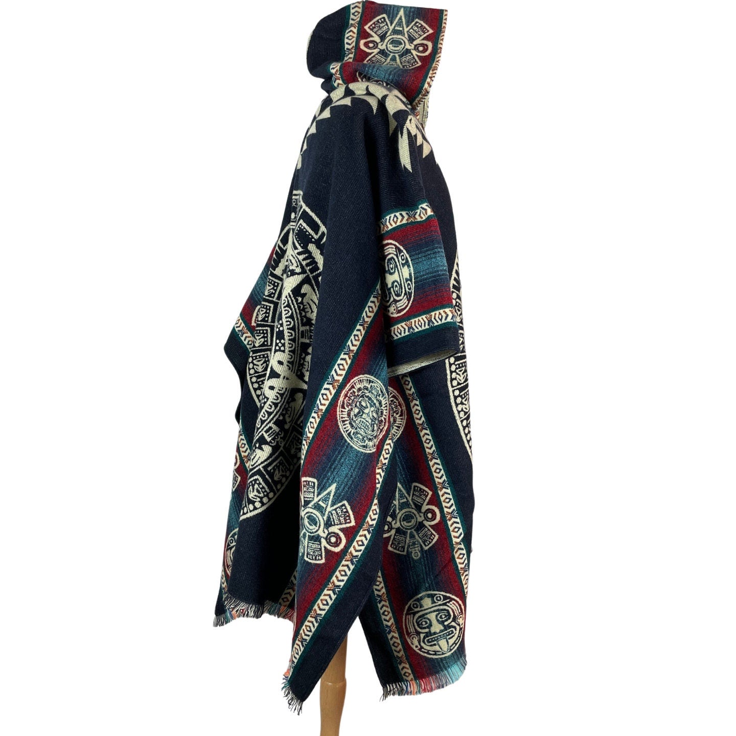 Warm Hooded Aztec Calendar Poncho | Navy Beige