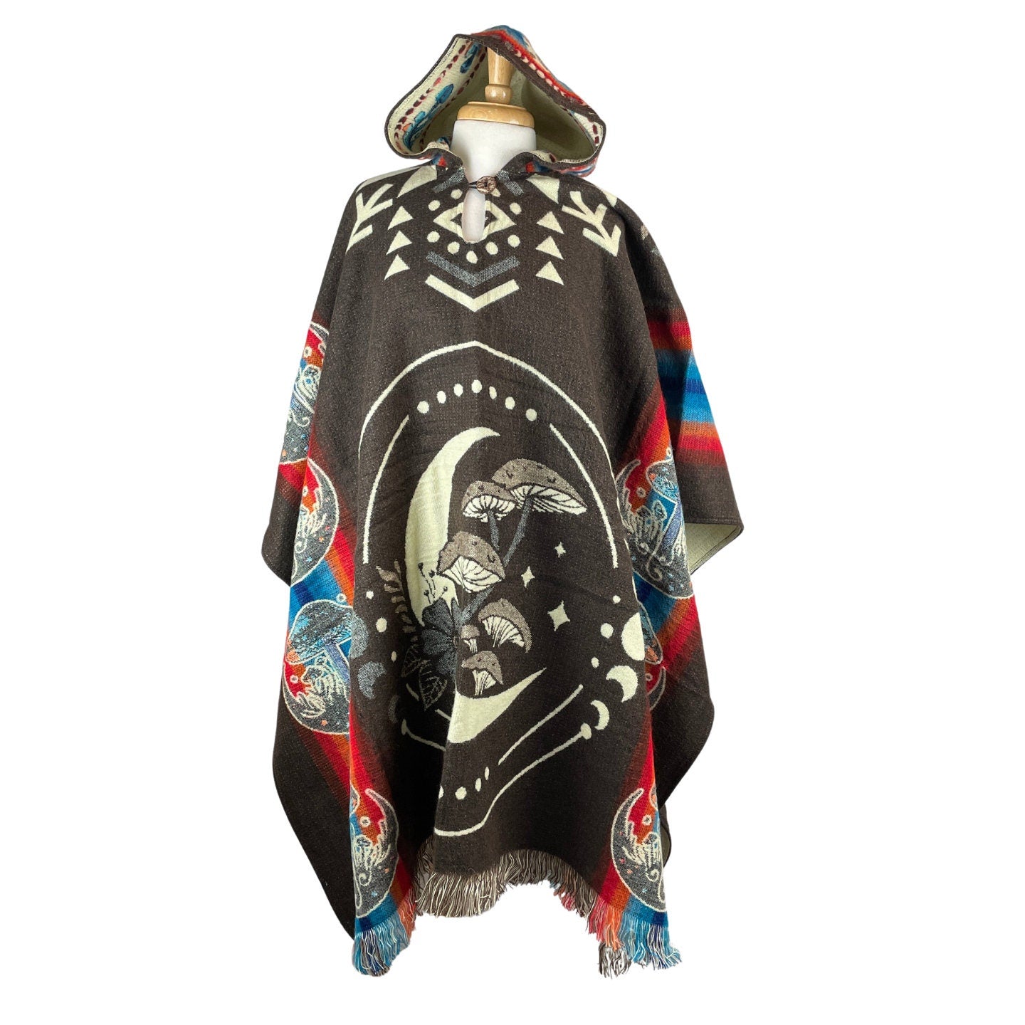 Mushrooms & Moon Phases Alpaca Poncho Hoodie | Black - Purple - Teal - Navy