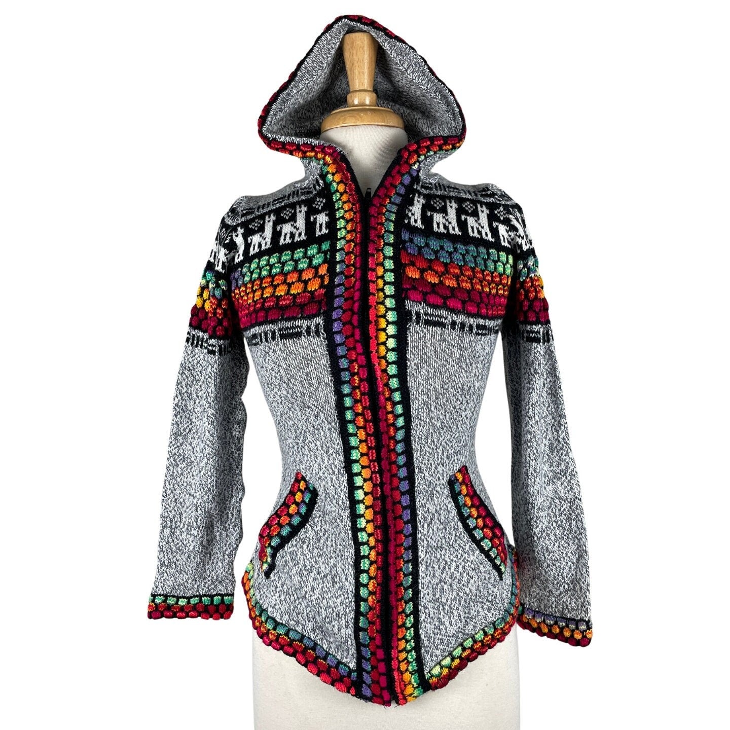 Soft Hooded Alpaca Sweater | Light Gray Colorful