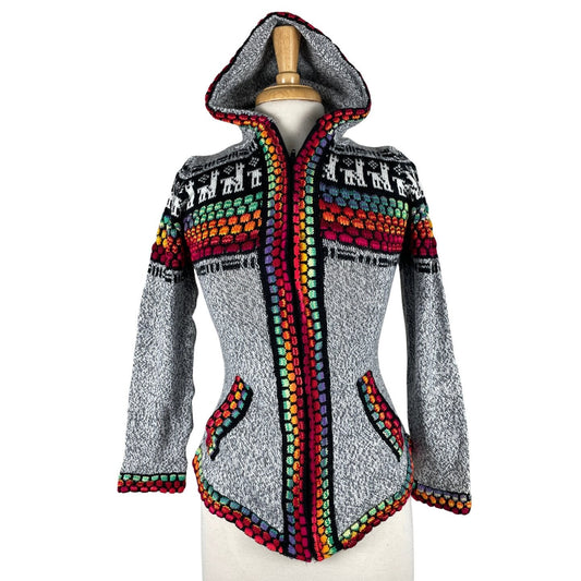 Soft Hooded Alpaca Sweater | Light Gray Colorful