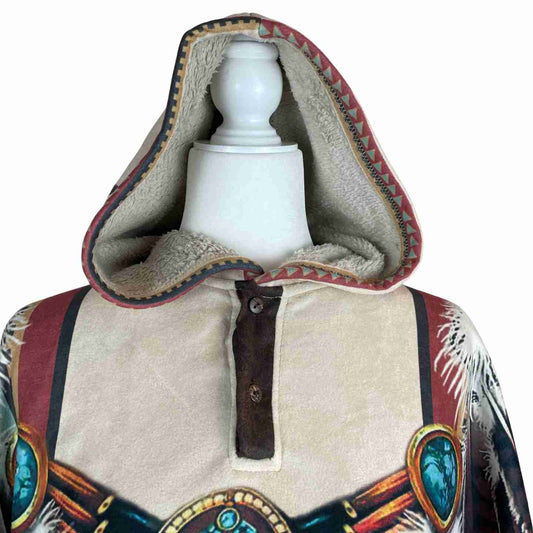 Unisex Sherpa Hooded Poncho - Feathers Tan Black