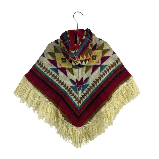 Hooded Alpaca Wool Baby Poncho 0-12 months | Kids Overcoat | Maroon Beige