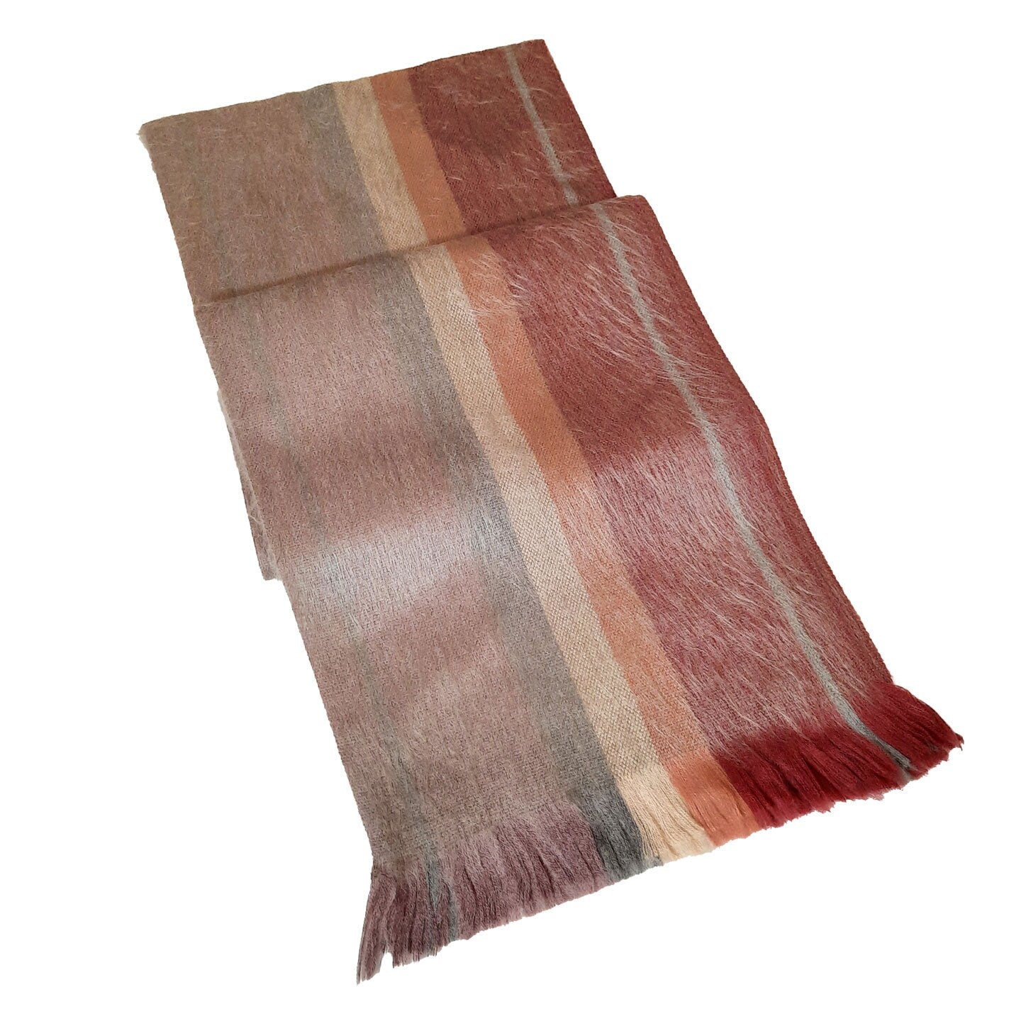 Warm & Soft Alpaca Wool Fringe Scarf | Womens Winter Scarf | Mens Skinny Scarf | Travel Scarf | Peach Stripes