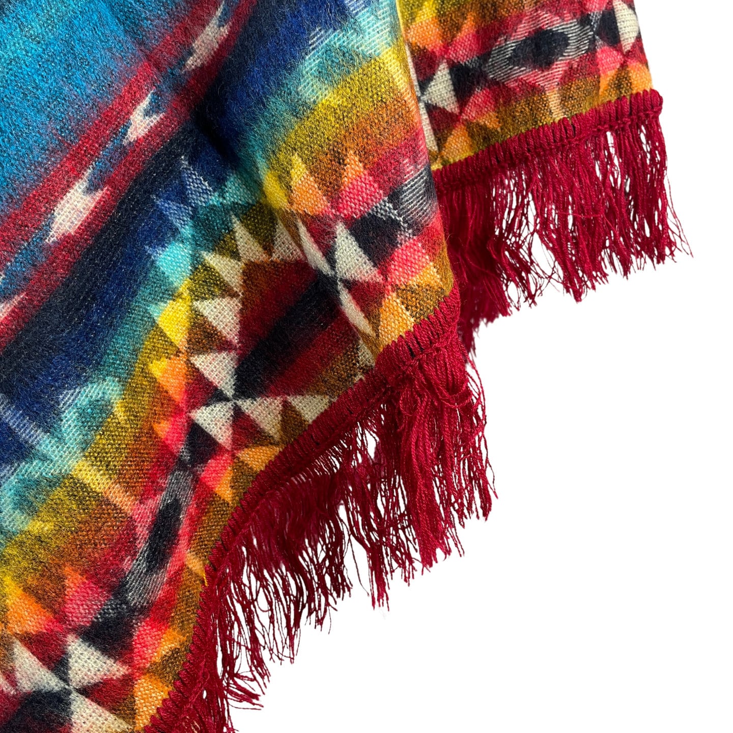 V-Shaped Alpaca Hooded Poncho | Turquoise Beige Rainbow