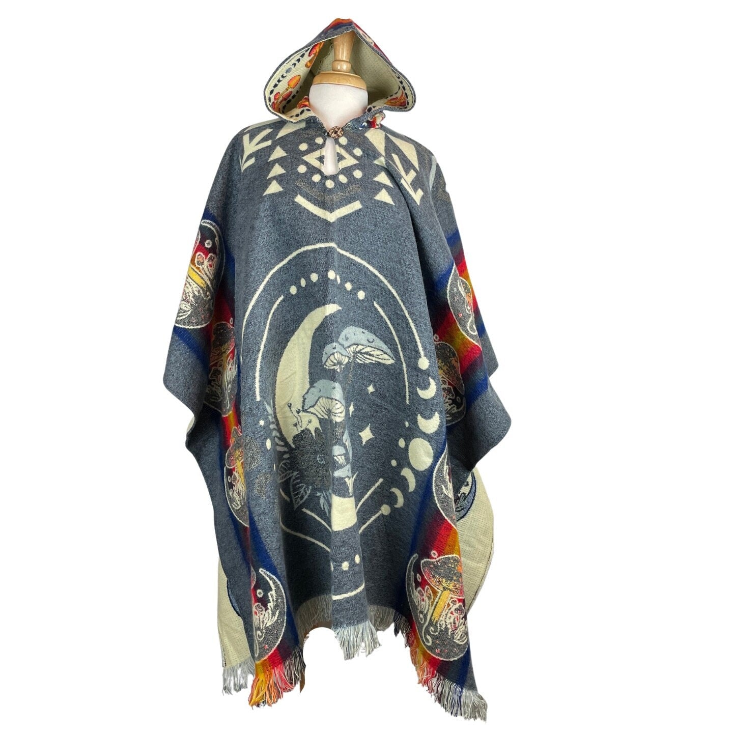 Mushrooms & Moon Phases Alpaca Poncho Hoodie | Black - Purple - Teal - Navy