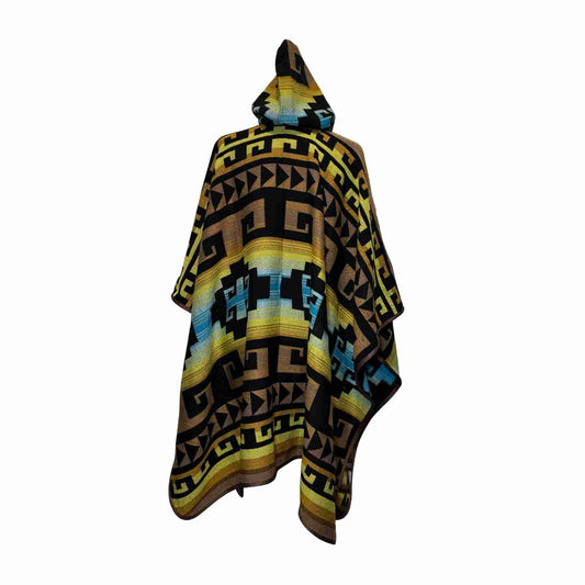 Back view showing soft drape of Andean Maze Horizon hooded poncho