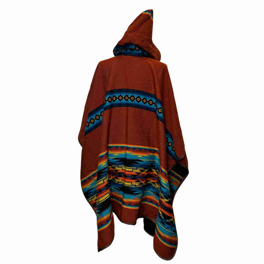 Back view showing soft drape of Canyon Trails Rust hooded poncho