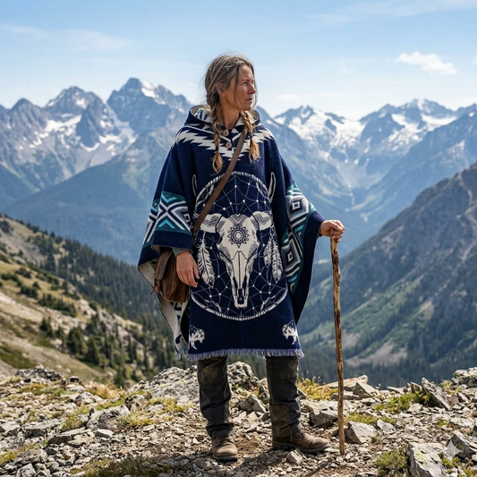 Unisex Hooded Bison Skull Poncho - Navy Woven Dreamcatcher Cape