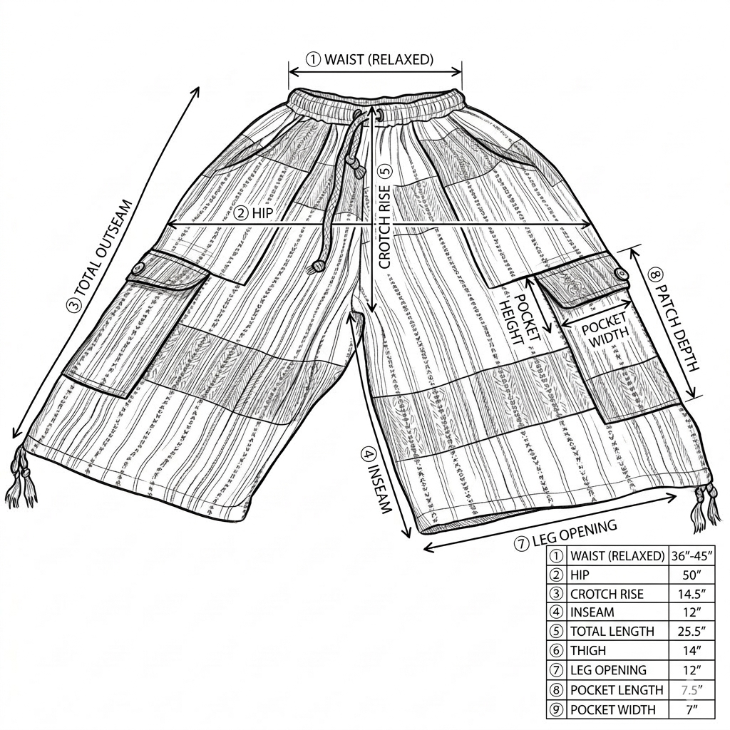 2XL Plus Size Boho Cargo Shorts – Unisex Baggy Festival Shorts, Handwoven Cotton, Earthy Patchwork Summer Wear, Relaxed Fit with Pockets