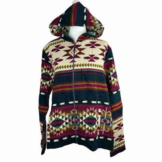 Warm Mens Alpaca Jacket Hoodie | Navy Colorful Beige