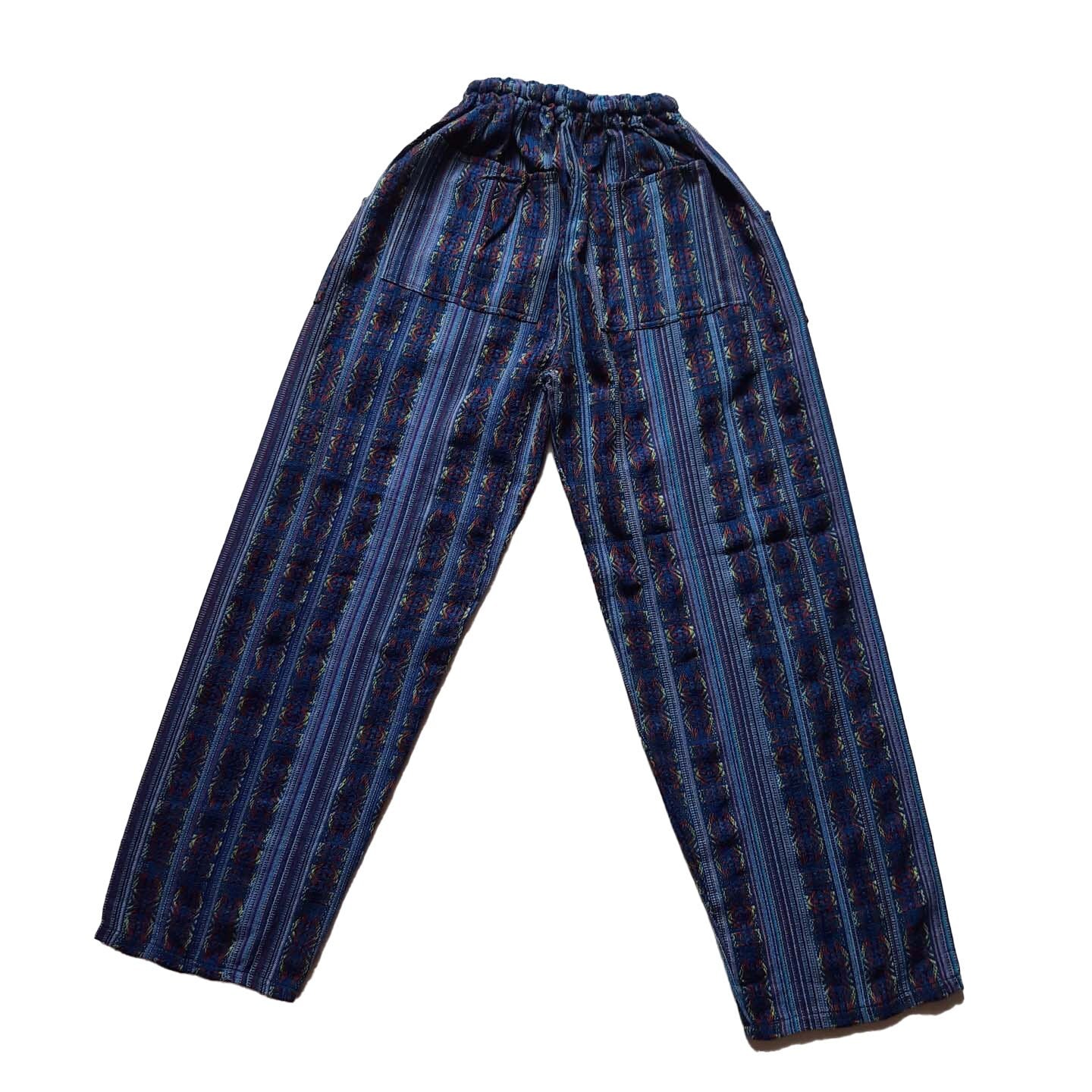 Pants Size L | Woven Mens Hippie Pants | Womens Pants with 4 Pockets | Loungewear | Blue Yellow | Father's Day Gift