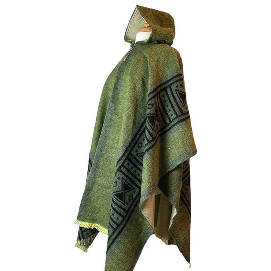 Mens Alpaca Wool Poncho Hoodie Green Black  - Brown - Blue