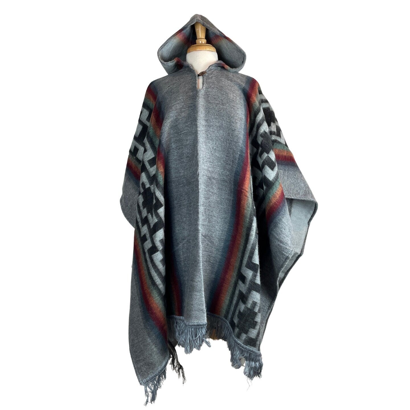 Warm Hooded Poncho Women | Gray Wine Orange