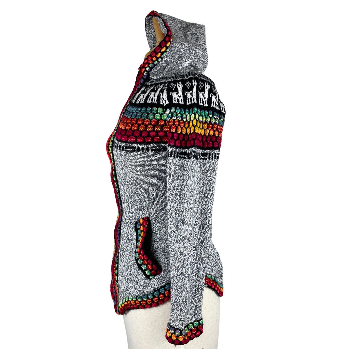 Soft Hooded Alpaca Sweater | Light Gray Colorful