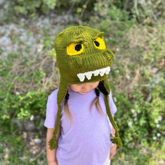 Dinosaur Beanie Hat Stretchy 100% Wool Hand-Knitted with Soft Fleece Lining Kids Adults Unisex