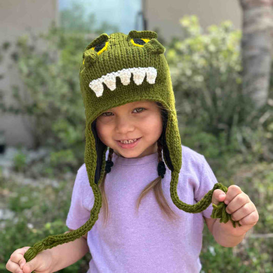 Dinosaur Beanie Hat Stretchy 100% Wool Hand-Knitted with Soft Fleece Lining Kids Adults Unisex