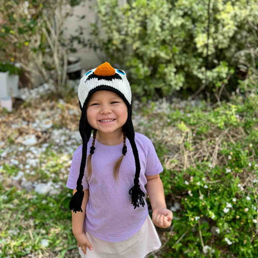 Penguin Beanie Hat 100% Wool Hand-Knitted Fleece Lined Stretchy Kids Adults Unisex