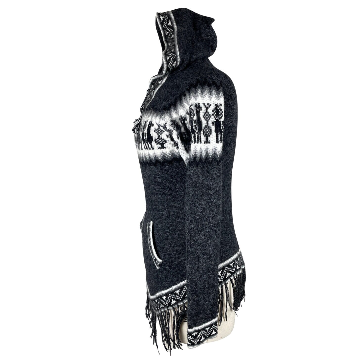 Soft Hooded Alpaca Sweater Pullover |  Charcoal White