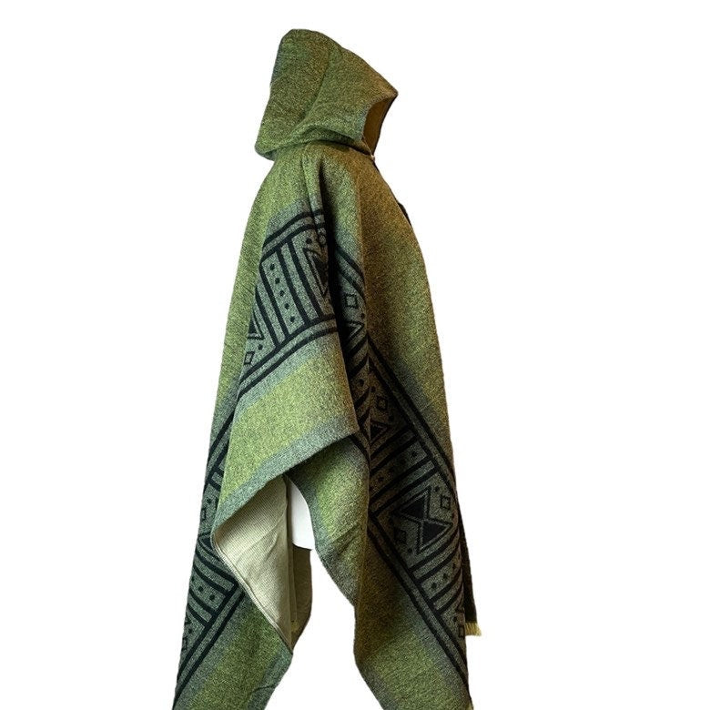Mens Alpaca Wool Poncho Hoodie | Green Black