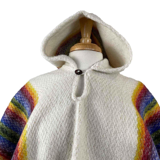Weighted White Rainbow Hooded Wool Poncho