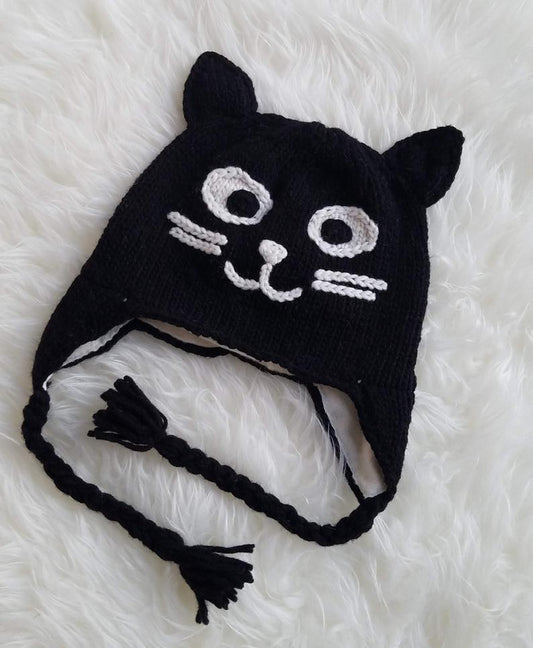 Cat and Mouse Beanie Hats 100% Wool Hand-Knitted Fleece Lined Stretchy Kids Adults