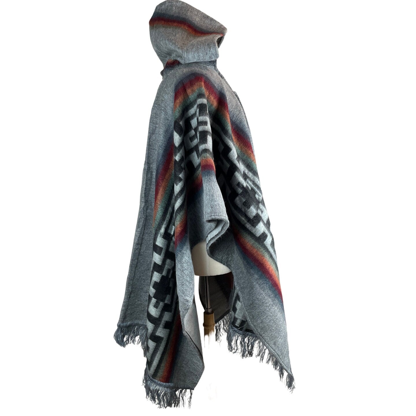 Warm Hooded Poncho Women | Gray Wine Orange