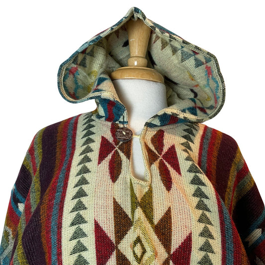 Mens Hooded Alpaca Poncho | Maroon Multicolor