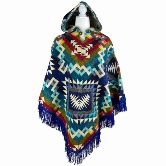 Warm Cozy Boho Alpaca Wool Hooded Poncho - Winter Soft Outerwear for Women, Royal Blue Colorful V Style Cape with Tassels