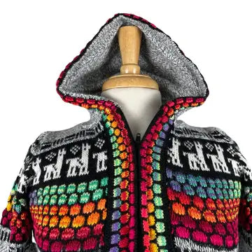 Soft Hooded Alpaca Sweater | Light Gray Colorful