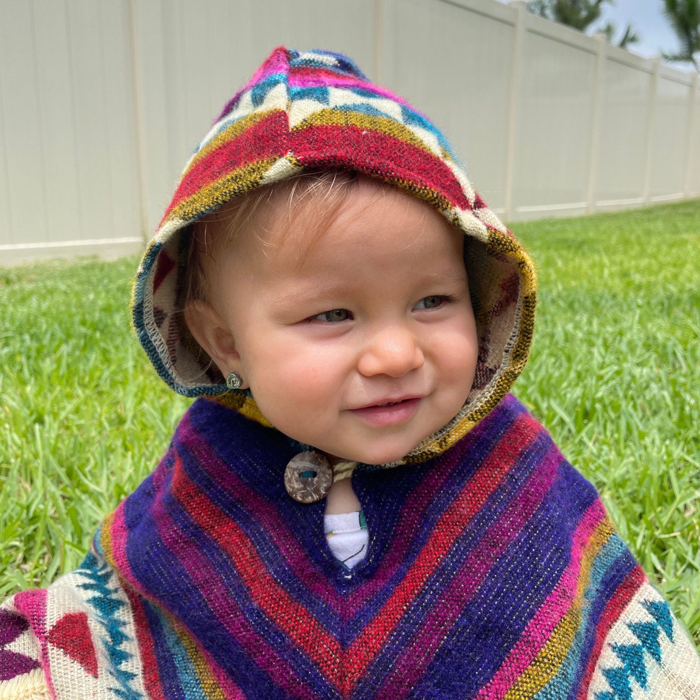 Hooded Alpaca Wool Baby Cape 0-12 months | Kids Overcoat | Yellow Magenta Beige
