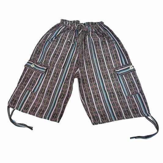 2XL Plus Size Boho Cargo Shorts – Unisex Baggy Festival Shorts, Handwoven Cotton, Earthy Patchwork Summer Wear, Relaxed Fit with Pockets