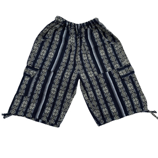 Unisex Woven Boho Cargo Shorts Size L | Hippie Shorts | Tribal Shorts |Black Gold