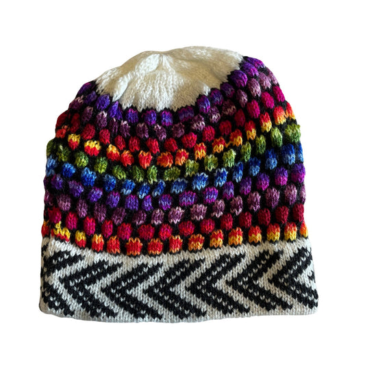 White Colorful Knitted Alpaca Beanie Hat - One Size