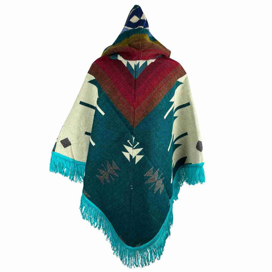 Soft Warm Boho Alpaca Wool Hooded V Style Poncho - Red Beige Cyan