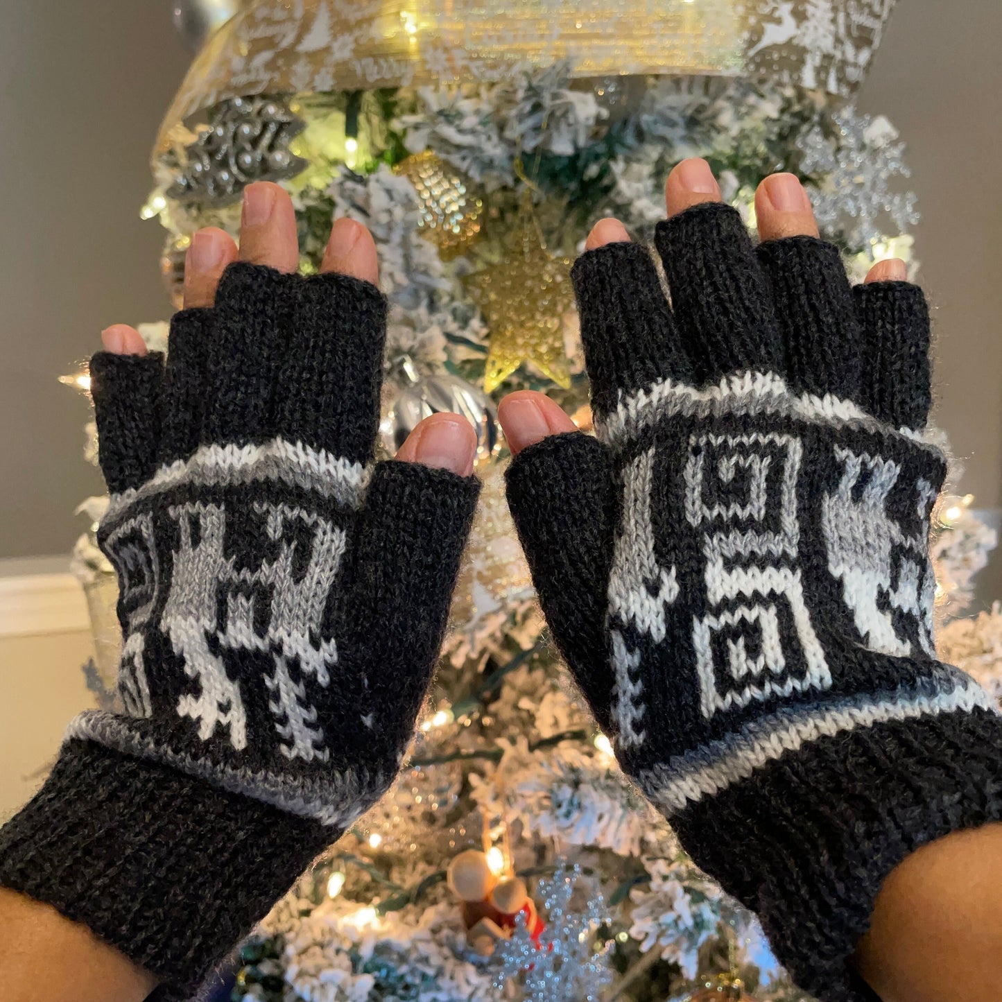 Soft Alpaca Fingerless Gloves Size SM Neutral Gloves Llama Design