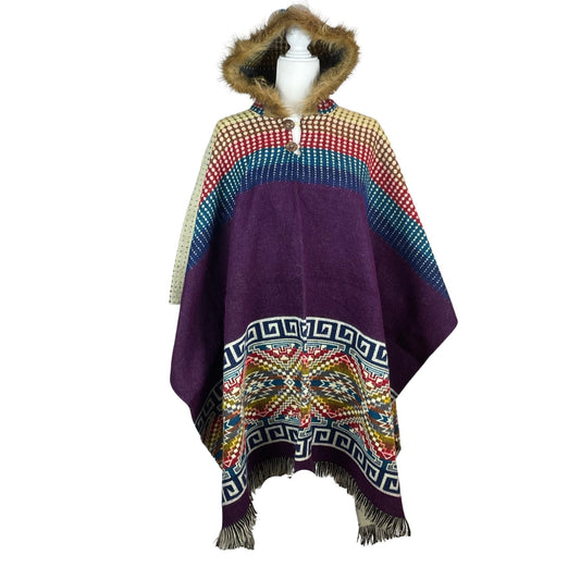 Warm Faux Fur Hooded Hippie Poncho Purple Colorful