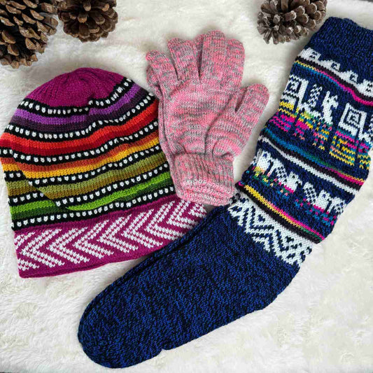 Woven Winter Bundle Hat Gloves and Socks Gift Set