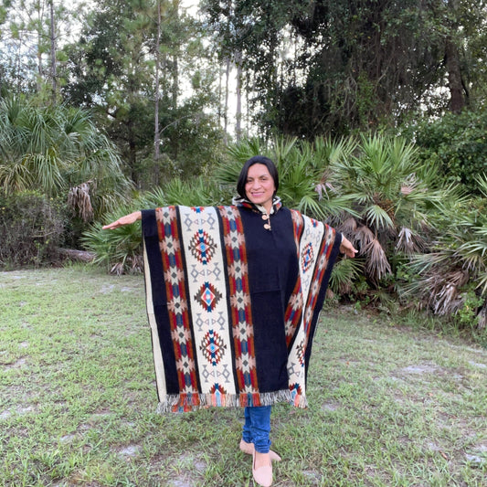 Warm Hooded Alpaca Poncho for Women & Men | Navy Colorful
