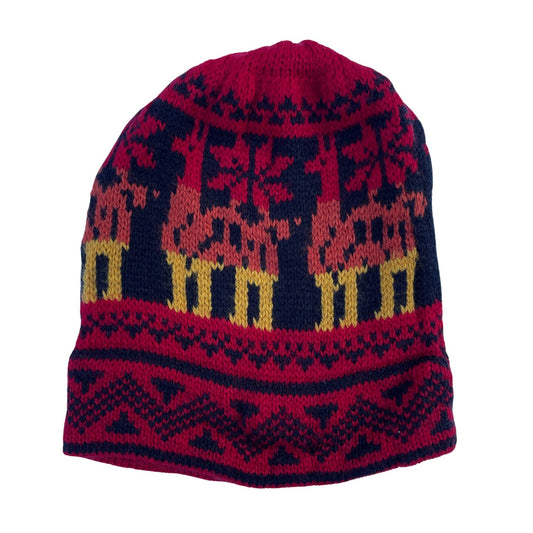 Red Black Llama Knitted Alpaca Beanie Hat - One Size