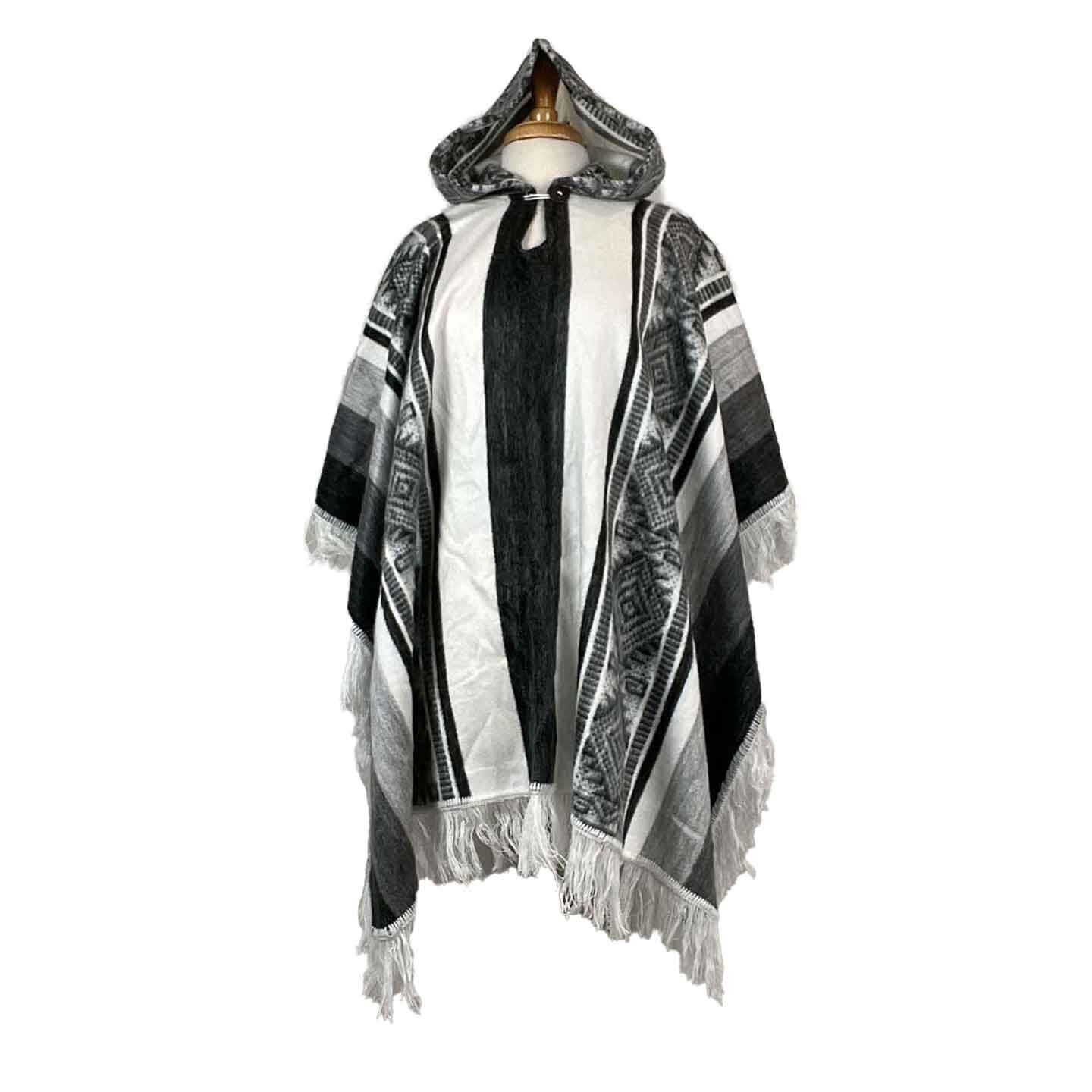 Hooded Alpaca Poncho | White Black Gray