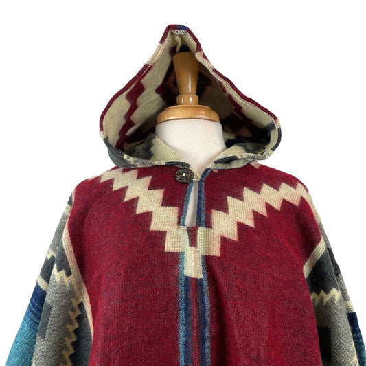 Warm Hooded Alpaca Poncho | Red Light Blue