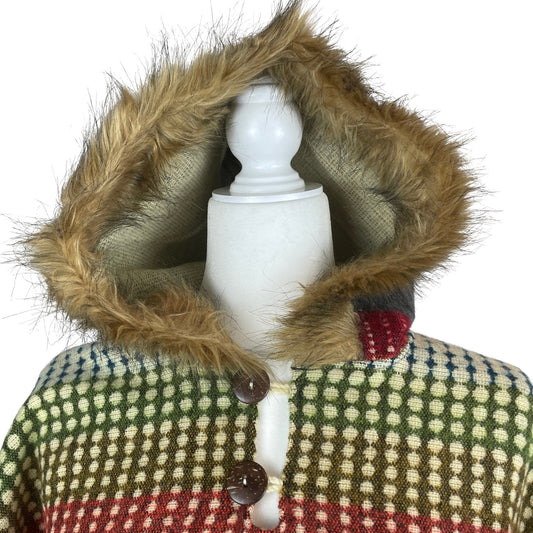 Faux Fur Hooded Hippie Poncho | Gray Olive Red
