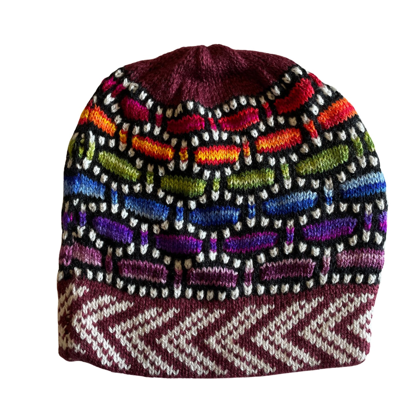 Maroon Rainbow Knitted Alpaca Beanie Hat - One Size