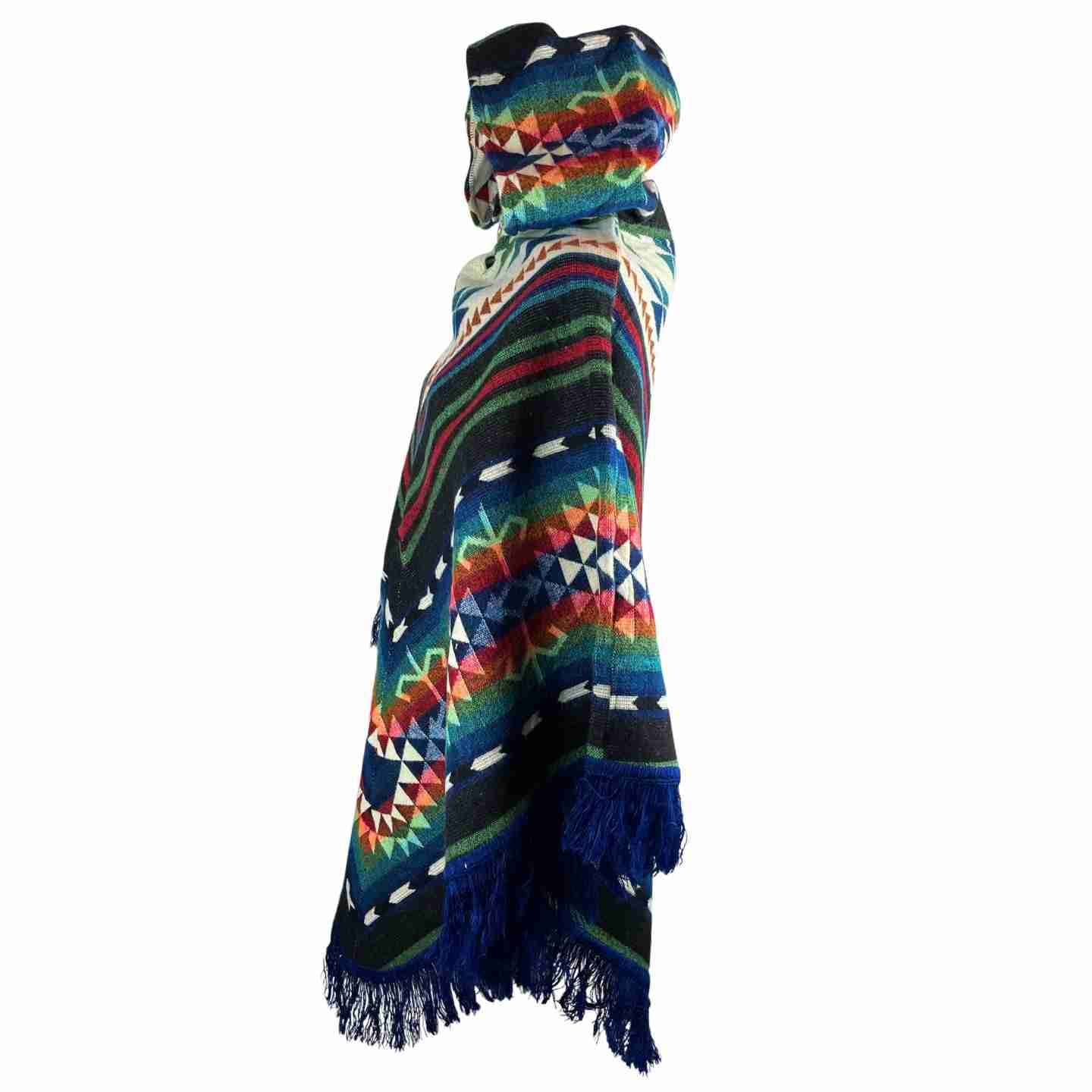 Lightweight Wool Hooded V Style Poncho - Black Colorful with Blue Tassels