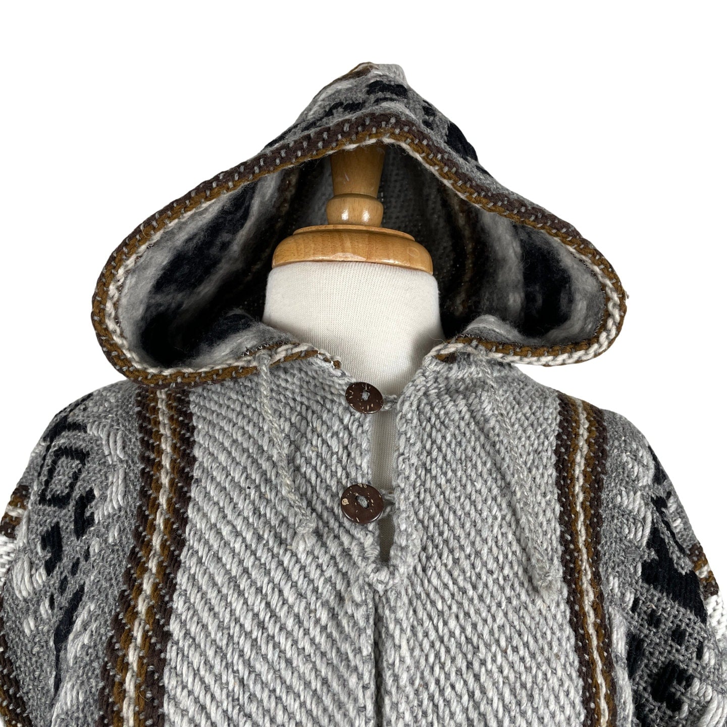 Weighted Hippie Hooded Sheep Wool Poncho | White Gray Brown