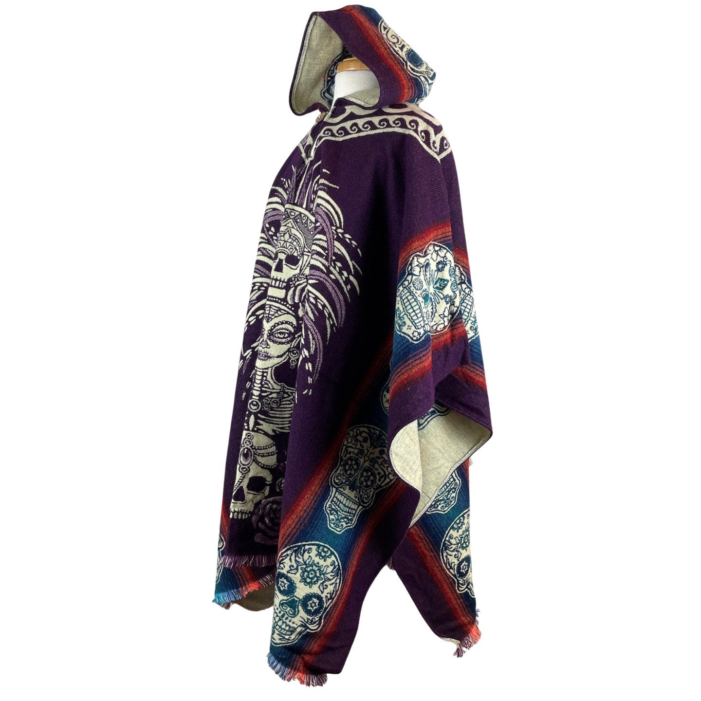 Warm Hooded Unisex Poncho | Alpaca Wool Poncho Cape | Hippie Poncho Jacket | Mens Poncho Hoodie Coat | Catrina Skull | Dark Purple Beige