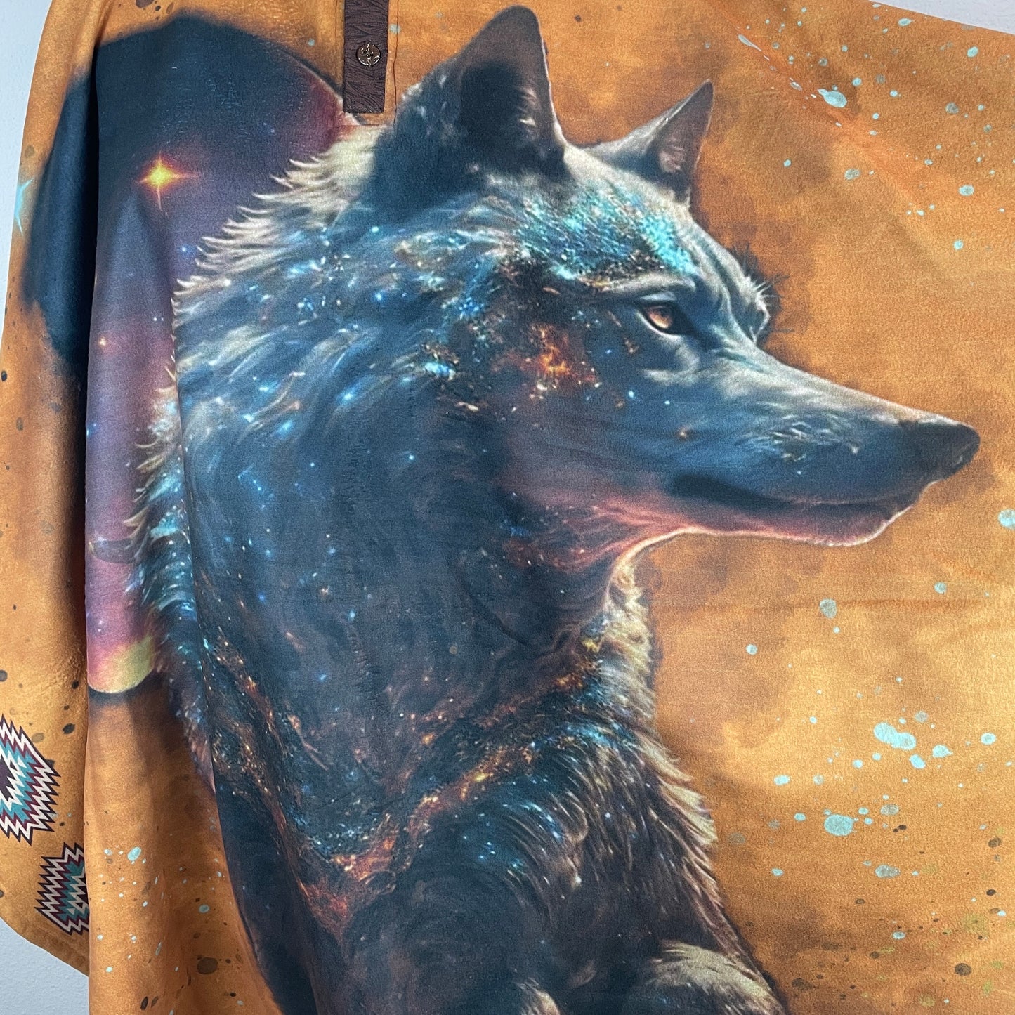 Cozy Unisex Sherpa Hooded Poncho - Gray Wolf Mustard Turquoise