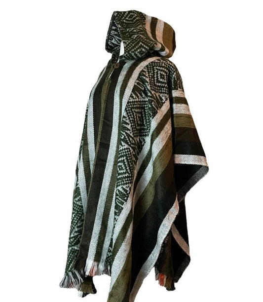 Warm Hooded Alpaca Poncho | Green White