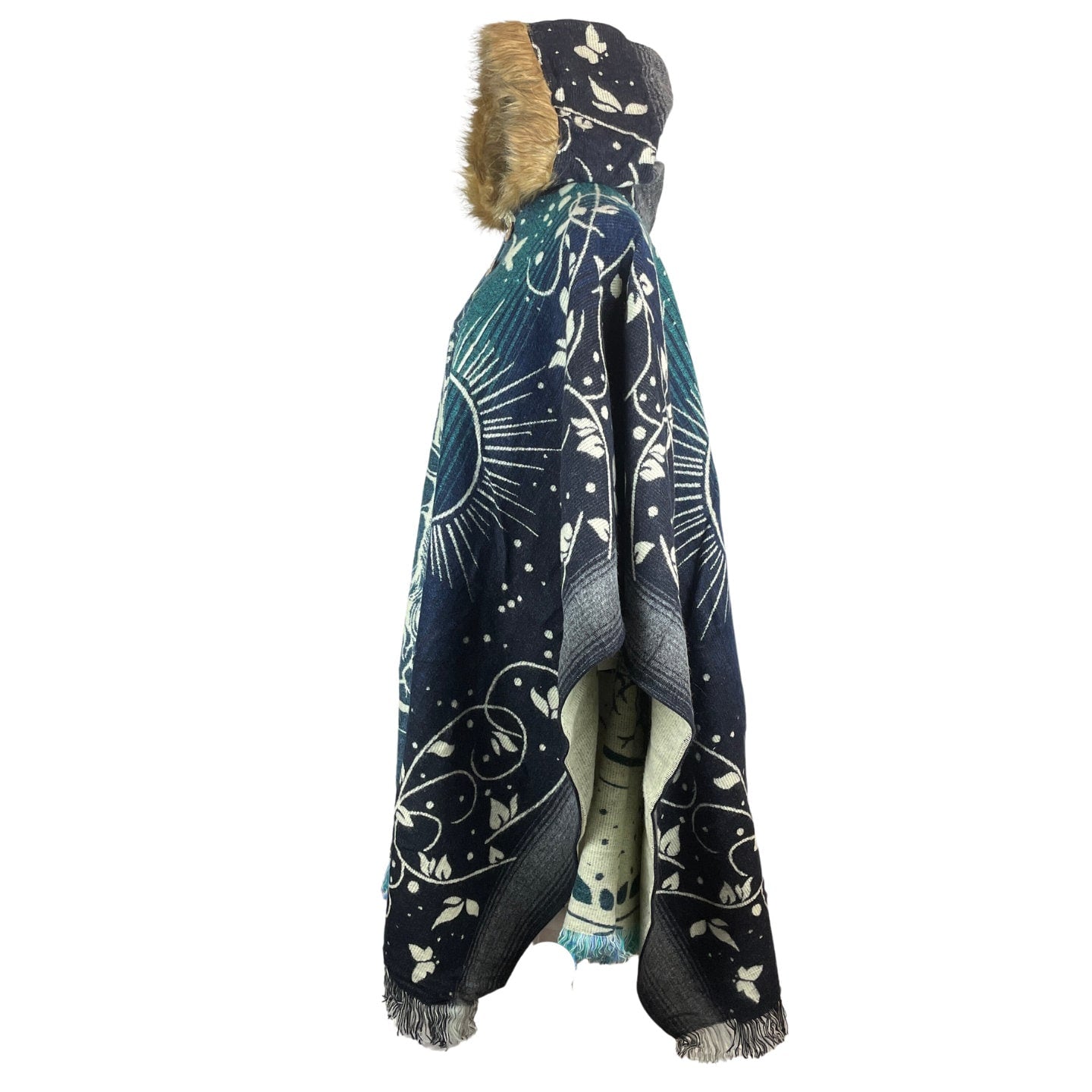 Tree of Life and Sun Warm Mens Alpaca Wool Poncho Ponchie | Dusty Blue